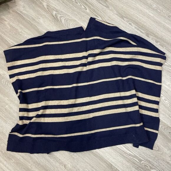 GAP Poncho Sweater Navy Blue Tan Wool Camel Hair Open Front Cardigan One Size - Picture 2 of 7
